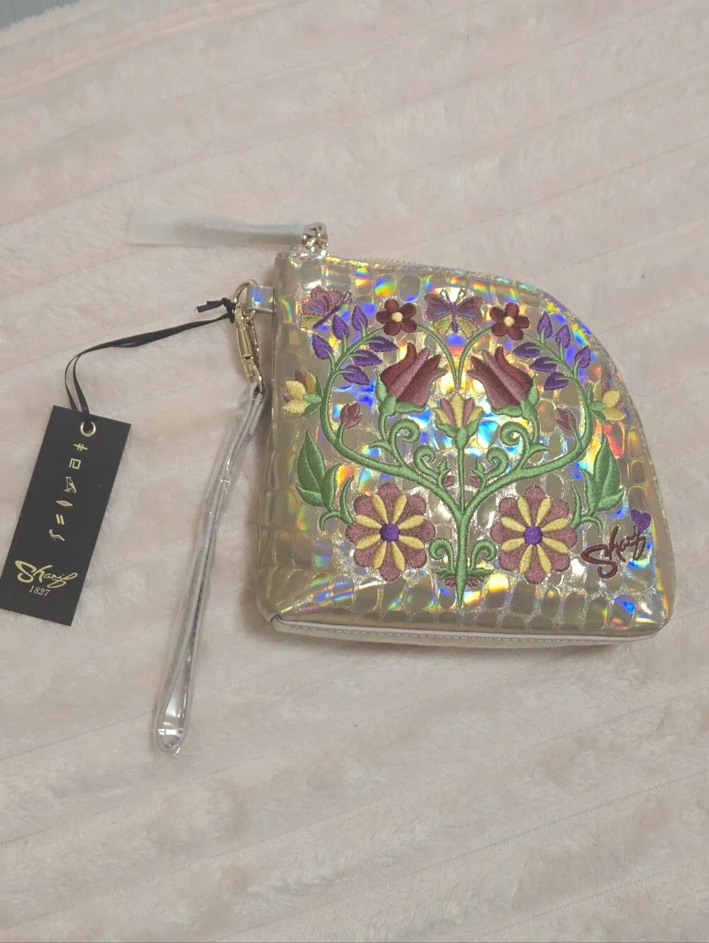 Sharif Legacy Rose Holographic Leather Floral Wristlet NWT